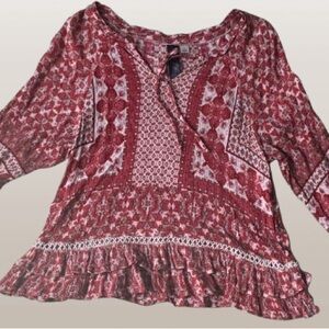 Blue Rain Red Peasant Boho Blouse Size Small 3/4 Sleeve